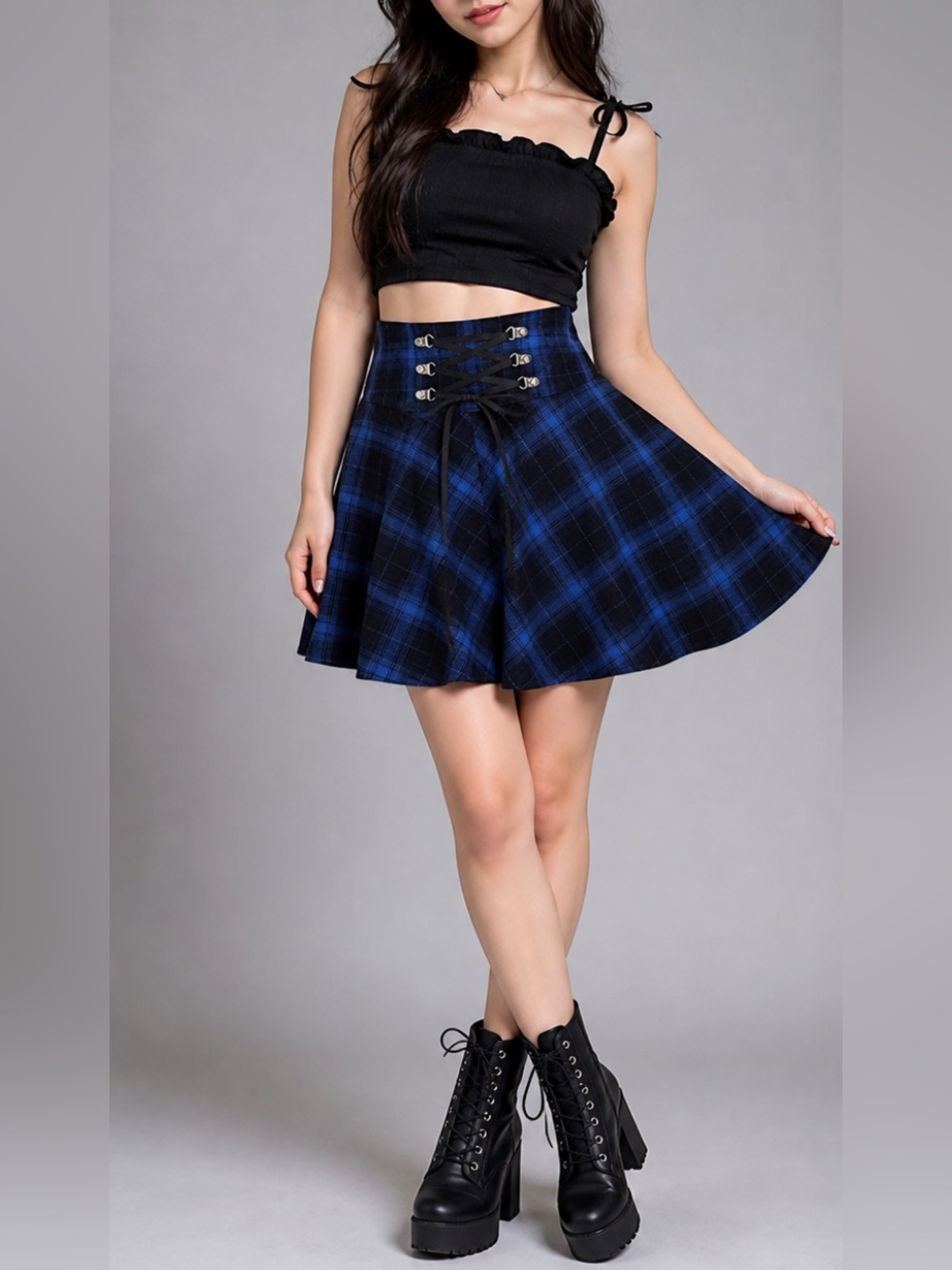 🔥 NWT TONCHENGSD black/blue plaid high waisted Gothic mini flare skirt XS